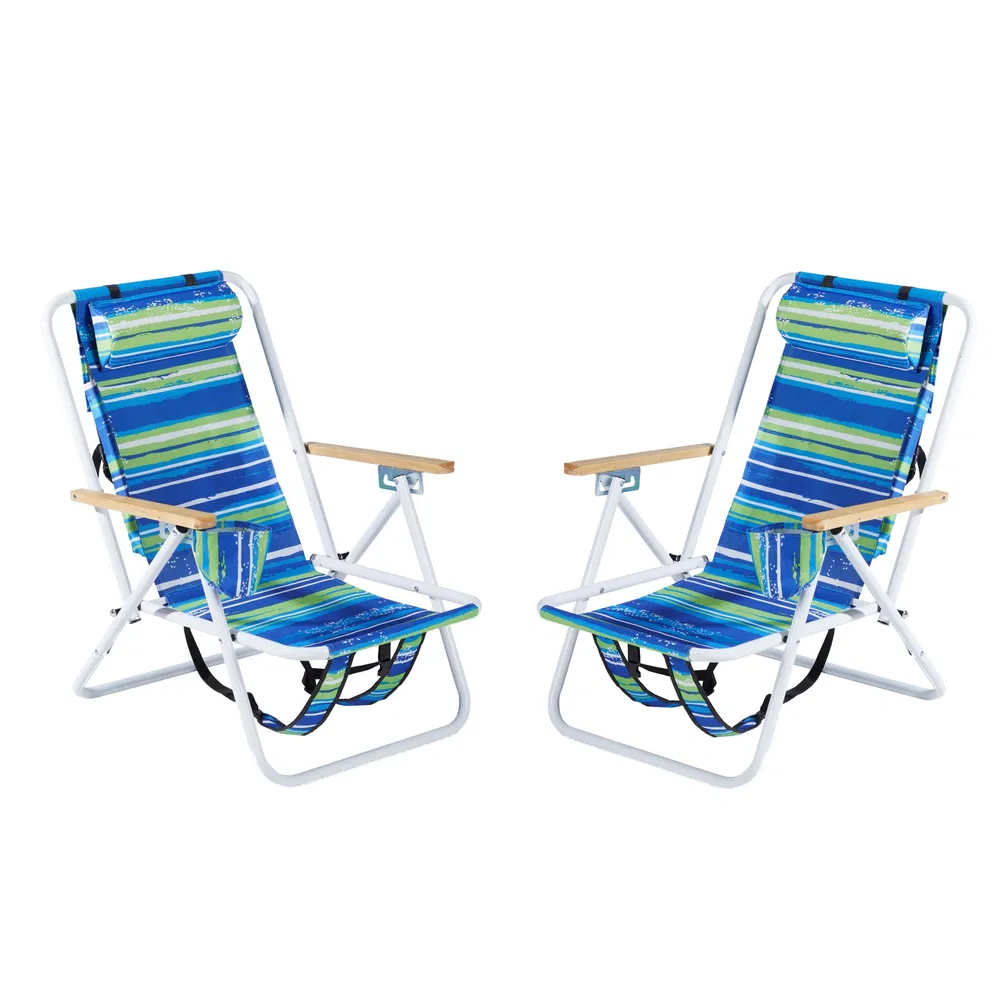 Folding Beach Chair Set Of 2 For Adults, 4 Position Portable Backpack Foldable Camping Chair With Headrest Cup Holder And Wooden Armrests, Blue & Green Stripes